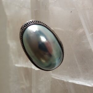 Vintage Silver Plated Dome Mabe Pearl Ring Size 6.5  Large 1.25"T X 3/4" W